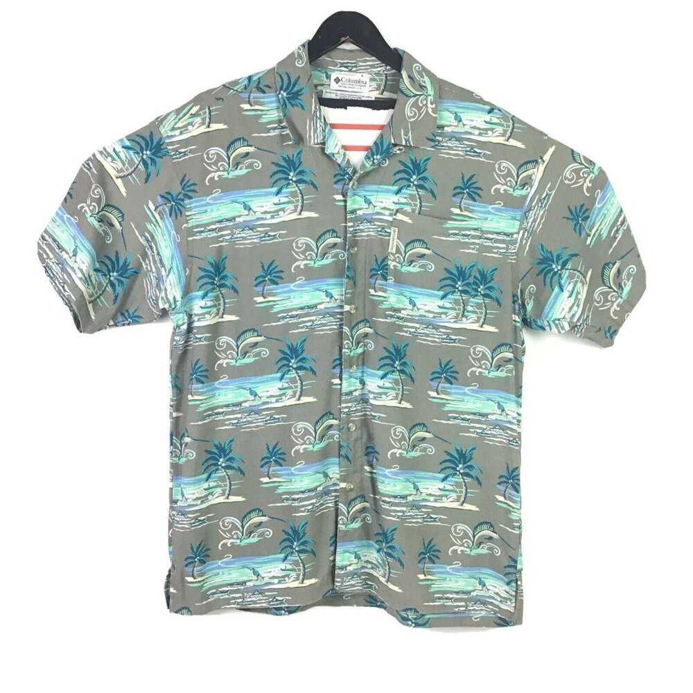 Columbia Mens L Casual Button Up Shirt Marlin Palm Tree Print Shorts Sleeve
